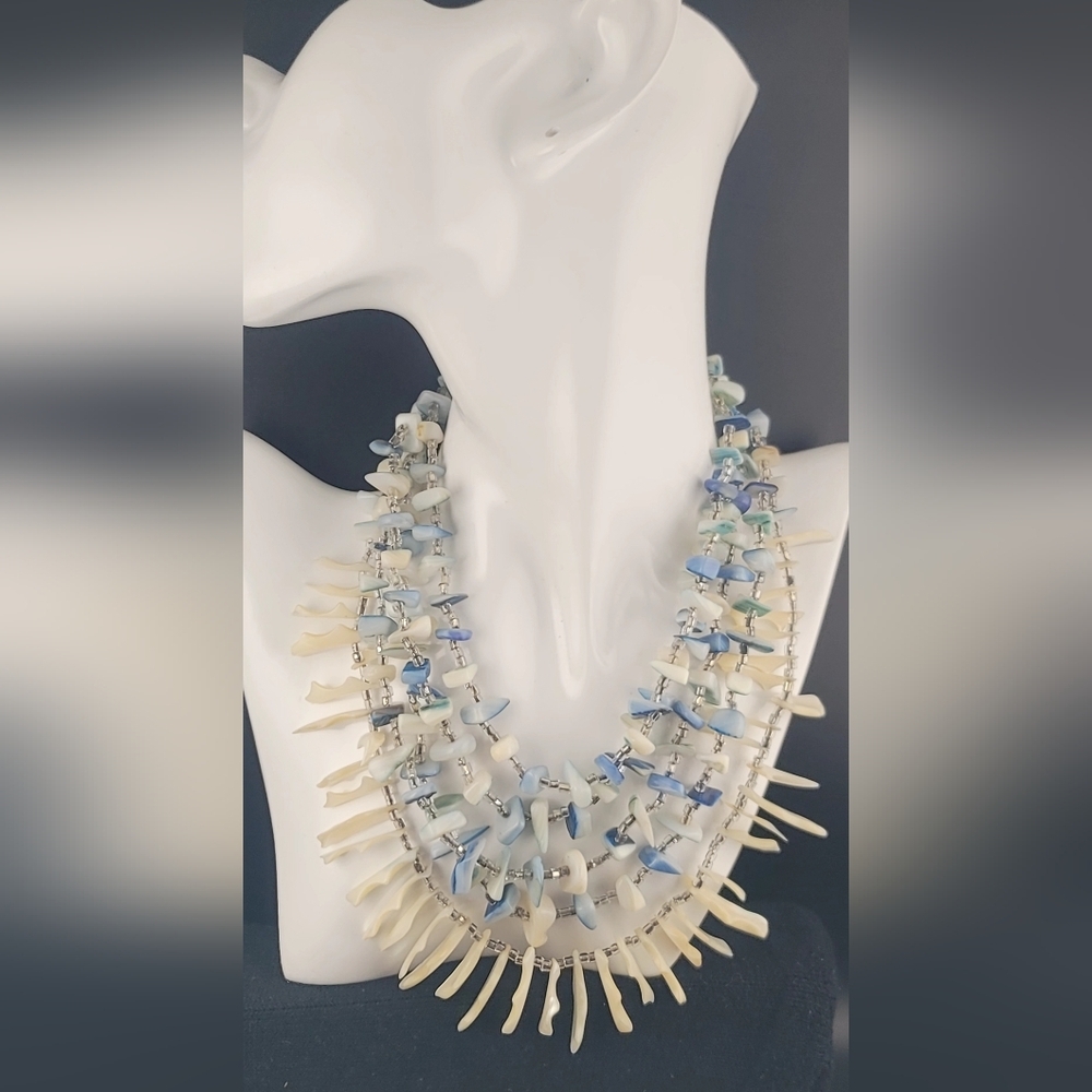 Vintage Japan Sea Shell Glass Bead Multi-Strand Bib Necklace Blue White - Picture 2 of 12